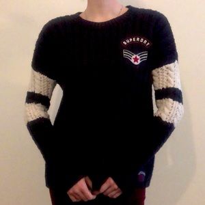Superdry Oversized Chunky Ribbed Sweater Navy, White Stripes and Military Patch